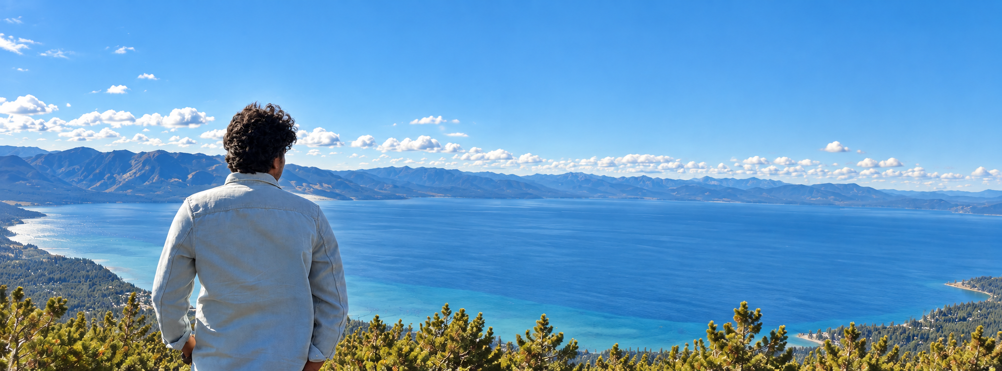 Kiran overlooking a lake and mountain landscape